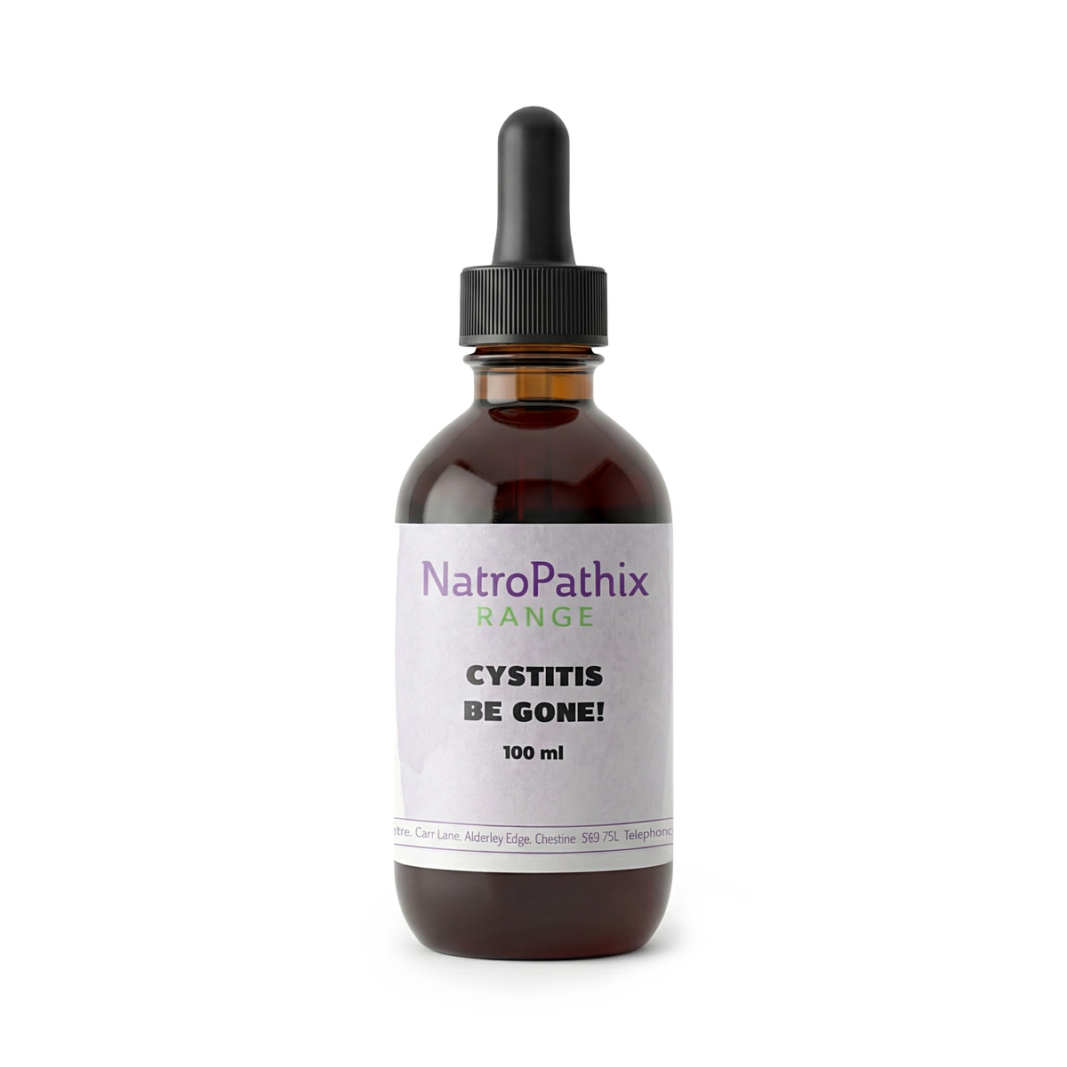 Brown dropper bottle labeled "Cystitis-Be-Gone 100ml Tincture" on a white background, offering natural support for urinary tract infection care and cystitis relief.