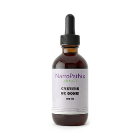 Brown dropper bottle labeled "Cystitis-Be-Gone 100ml Tincture" on a white background, offering natural support for urinary tract infection care and cystitis relief.