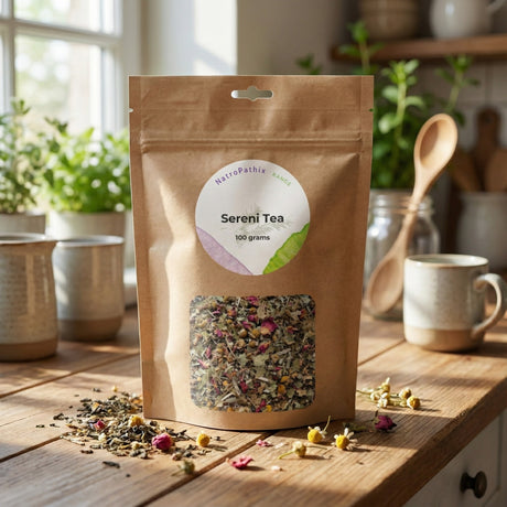 A bag of Kit 2 – Wired Yet Tired herbal blend sits on a wooden kitchen counter with mugs and herbs nearby, offering gentle stress relief to help you unwind.