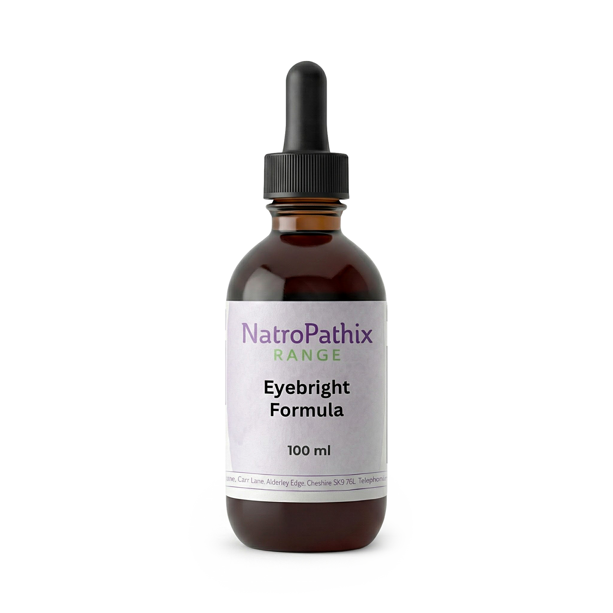 A brown glass dropper bottle labeled "Eyebright Formula - 50ml" sits on a white background, designed to help improve eyesight and relieve sore eyes.