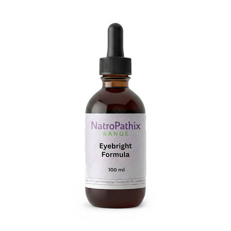 A brown glass dropper bottle labeled "Eyebright Formula - 50ml" sits on a white background, designed to help improve eyesight and relieve sore eyes.