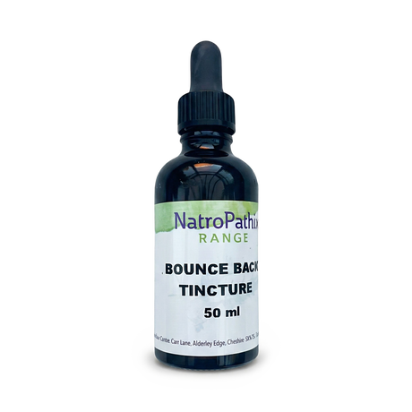 A 50 ml dropper bottle labeled "Bounce Back Kit - Get Well Faster!," an immune system booster, on a white background.