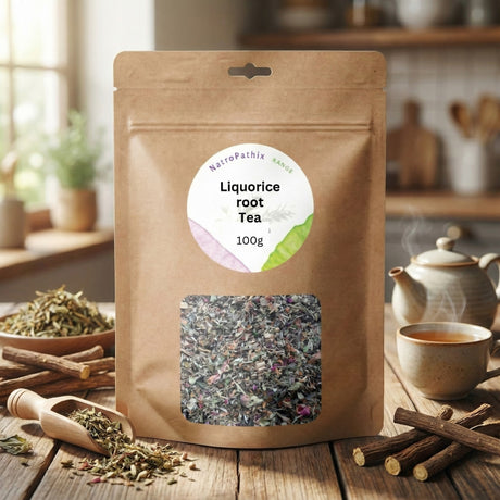 A brown packet of Liquorice Root - Tincture, Herbal Tea or Powder rests on a table with loose tea, teapot, cup, and licorice sticks—ideal for those seeking natural support for acid reflux or heartburn.