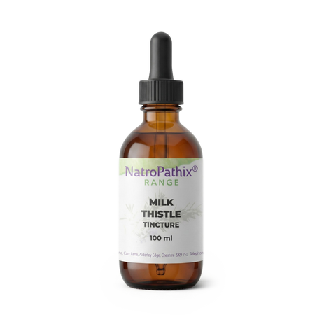 A brown dropper bottle labeled "Milk Thistle Tincture" with a liver detox formula is shown on a white background.