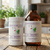 Two Hormone Balance Combination supplements on a wooden table offer menopause support, with a blurred indoor background.