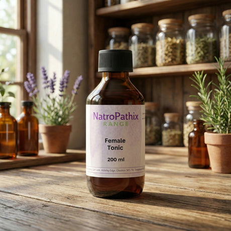 A bottle of Female Tonic - 200/300ml rests on a wooden table with herbs and jars in the background, emphasizing its use for hormonal support.