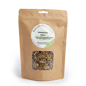ImmuniTea - 100gms comes in a brown resealable pouch and contains a blend of dried herbal tea leaves designed to support the immune system.