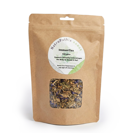 ImmuniTea - 100gms comes in a brown resealable pouch and contains a blend of dried herbal tea leaves designed to support the immune system.