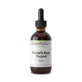 Amber glass dropper bottle labeled "Bacteria Bust - 50ml Tincture" on a white background, featuring a natural herbal remedy crafted to help support the body's defenses against infections.