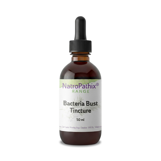 Amber glass dropper bottle labeled "Bacteria Bust - 50ml Tincture" on a white background, featuring a natural herbal remedy crafted to help support the body's defenses against infections.