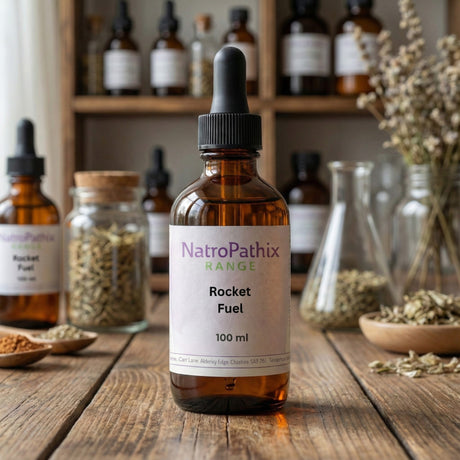 A dropper bottle labeled "Rocket Fuel" rests on a wooden table with herbs and jars, showcasing a powerful herbal tincture formulated to support sexual vitality and enhance male libido.