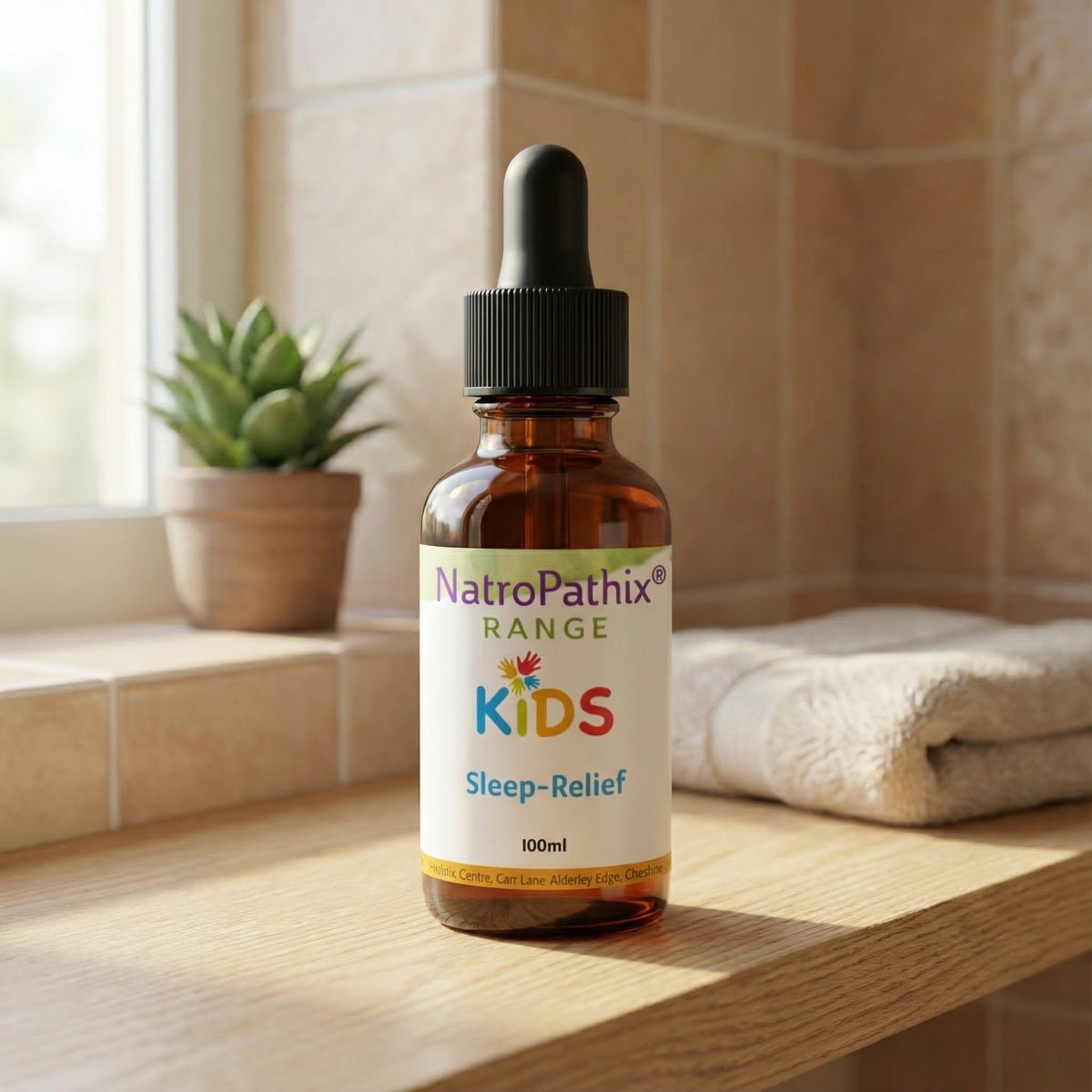Kids Sleep Relief 100ml Tincture in a bathroom setting