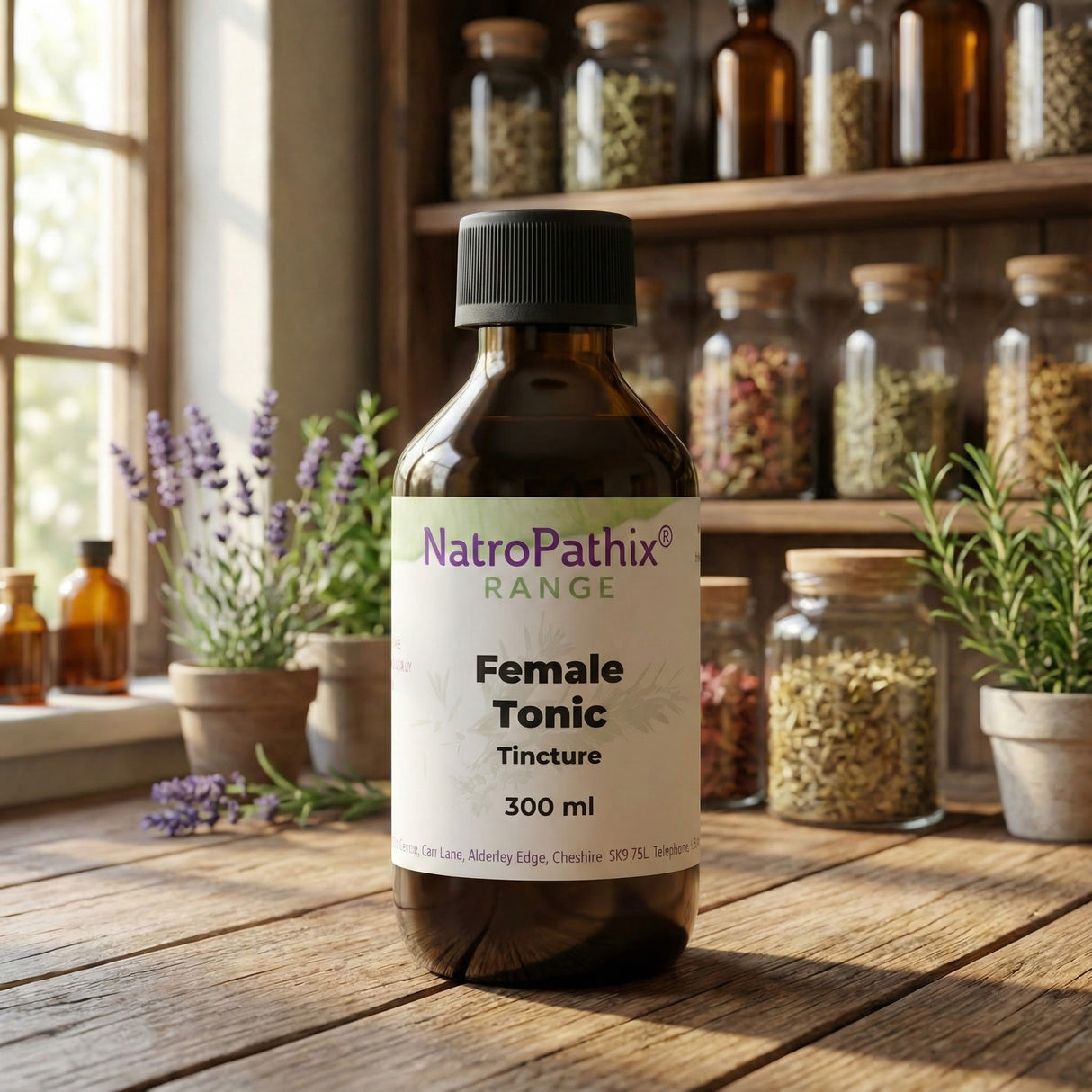 A bottle of Female Tonic - 200/300ml rests on a wooden table amid herbs and jars, hinting at natural hormonal balance and menstrual support.