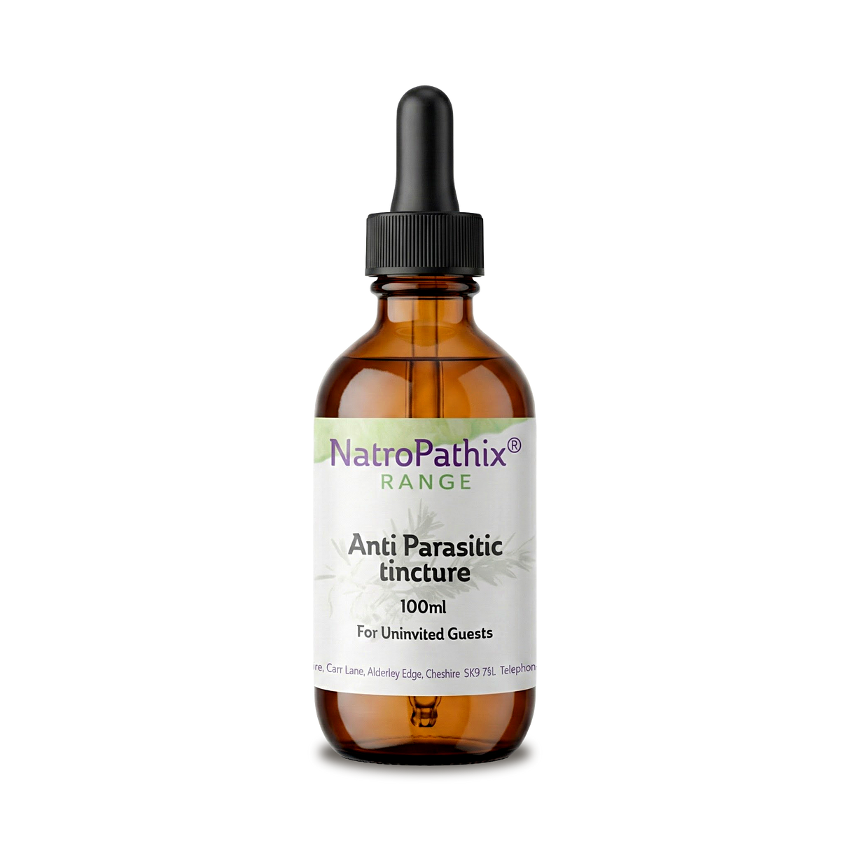 Amber dropper bottle labeled "Anti-Parasitic Tincture - 100ml"—supports parasite management and targets worm infections. Ideal for dealing with unwanted guests.