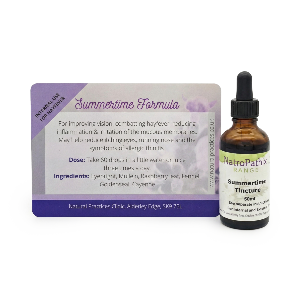 A 50ml bottle of Summertime Tincture sits next to an info card with its ingredients and dosage instructions.