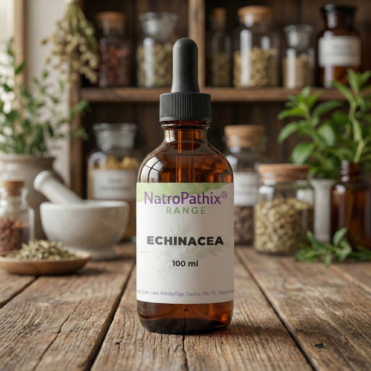 A 100ml bottle of Echinacea angustifolia rests on a wooden table amid herbs and jars, suggesting its benefits for immune support and inflammation relief.
