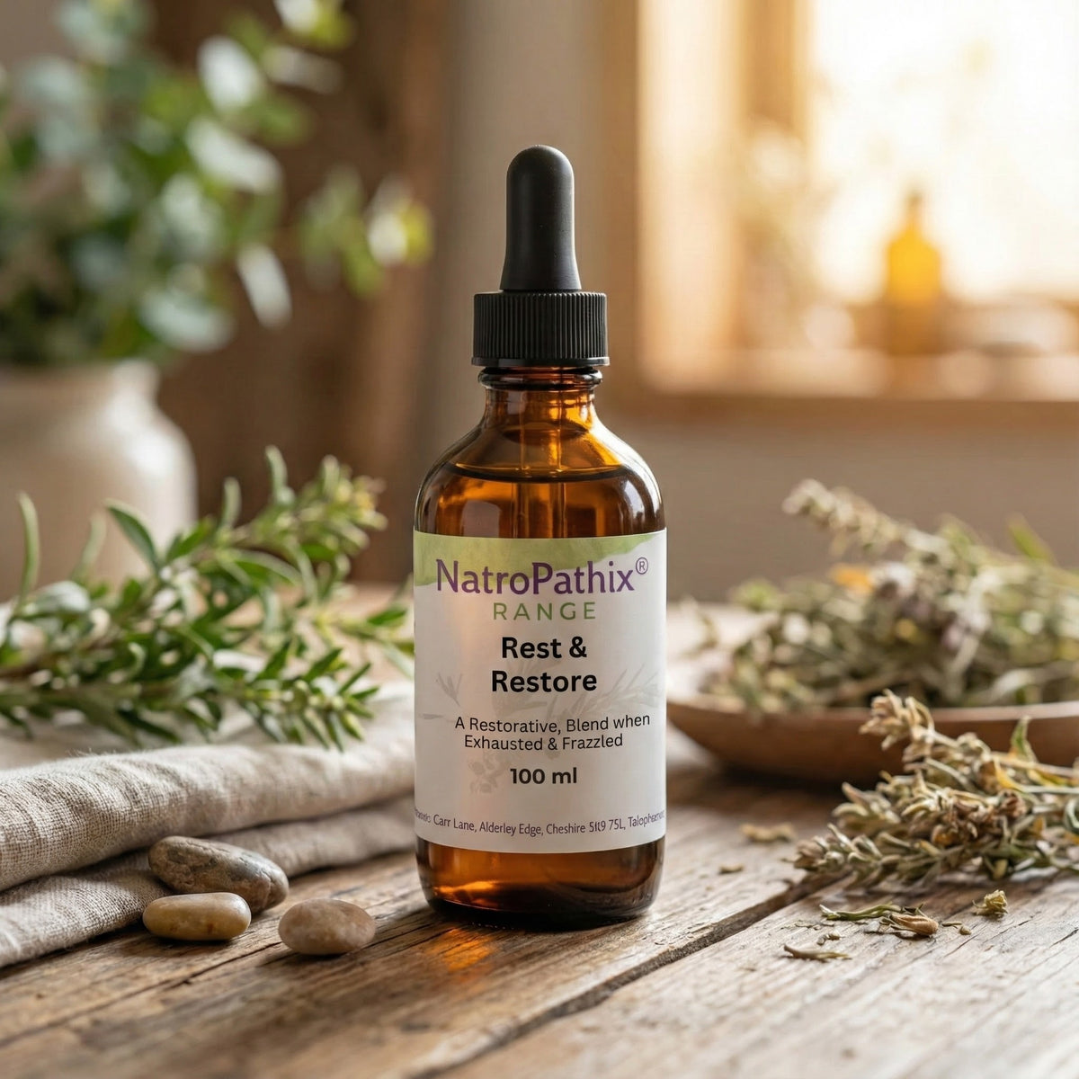 Rest & Restore tincture with herbs and stones