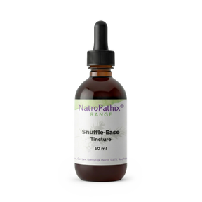 A brown glass dropper bottle labeled "Snuffle-Ease Tincture - 50ml" on a white background, formulated with natural, anti-viral ingredients to help support immune health.