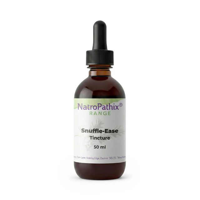 A brown glass dropper bottle labeled "Snuffle-Ease Tincture - 50ml" on a white background, formulated with natural, anti-viral ingredients to help support immune health.
