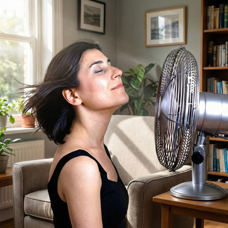 A woman relaxes in a cozy living room, enjoying cool air as sunlight streams in, supported by the Hot Flushes and Anxiety Combination for balanced hormones.