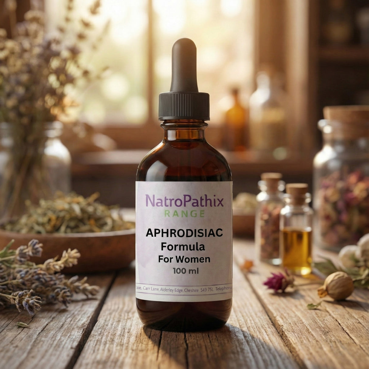 A bottle of Aphrodisiac Formula for Women - 100ml rests on a wooden table with herbs in the background, emphasizing its role as a potent herbal libido booster.