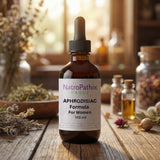 A bottle of Aphrodisiac Formula for Women - 100ml rests on a wooden table with herbs in the background, emphasizing its role as a potent herbal libido booster.
