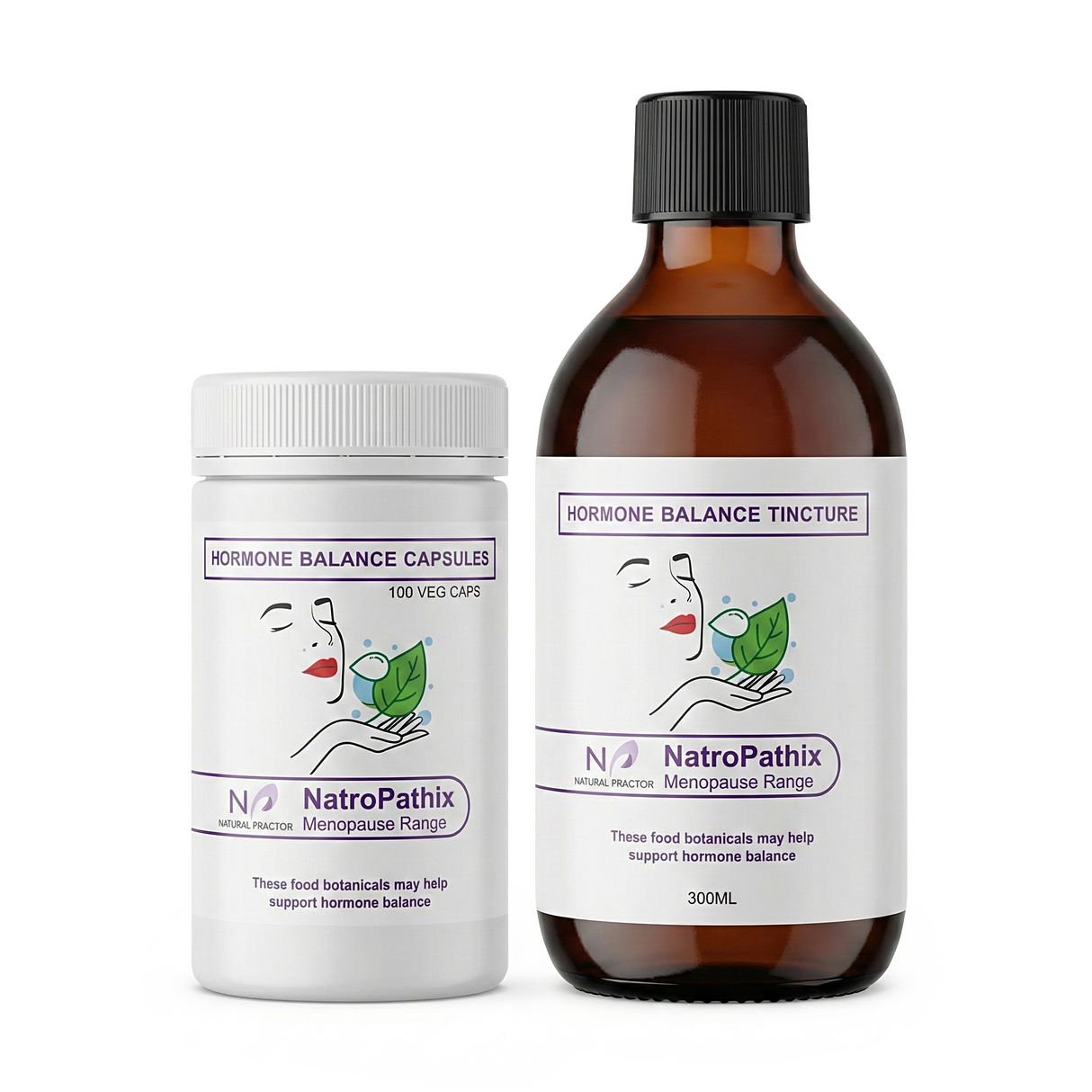 Two NatroPathix Menopause Range products—a bottle of Hormone Balance Combination capsules and a hormone balance tincture—specially formulated for menopause support and peri-menopausal relief.