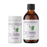 Two NatroPathix Menopause Range products—a bottle of Hormone Balance Combination capsules and a hormone balance tincture—specially formulated for menopause support and peri-menopausal relief.