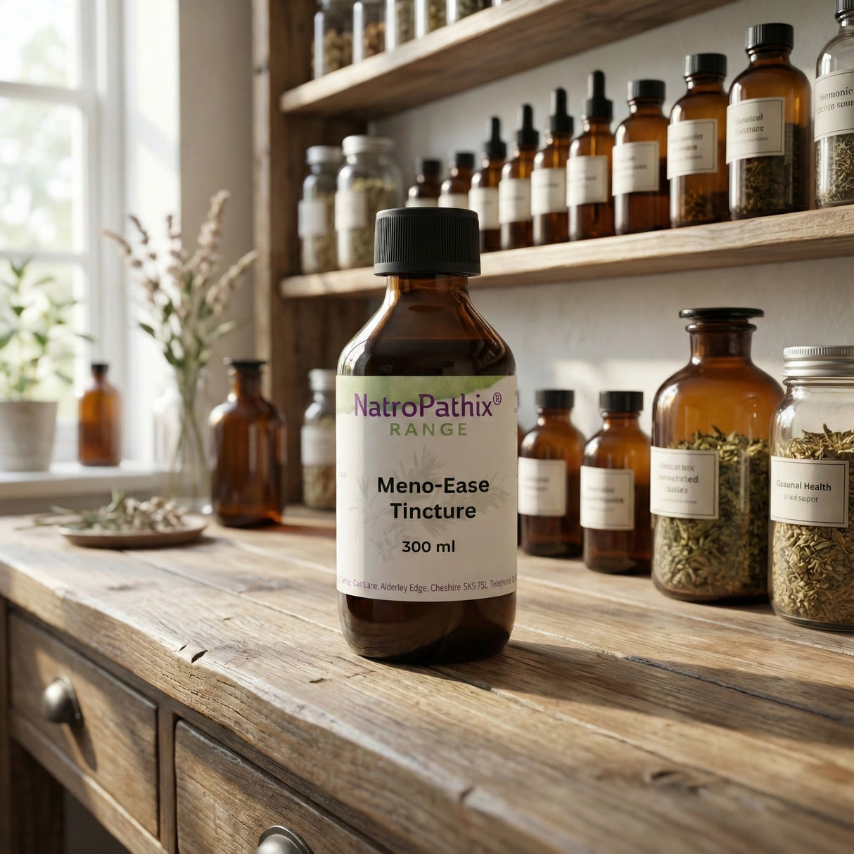 A bottle of Meno-Ease Tincture - 200/300ml rests on a wooden counter, promising menopause relief, with shelves of jars and bottles in the background.