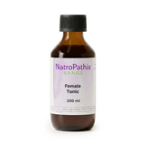 Brown bottle labeled "Female Tonic - 200ml" with a black cap on a white background, formulated to support hormones and regulate periods.