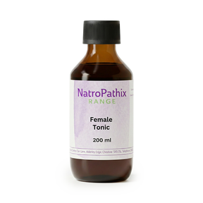Brown bottle labeled "Female Tonic - 200ml" with a black cap on a white background, formulated to support hormones and regulate periods.