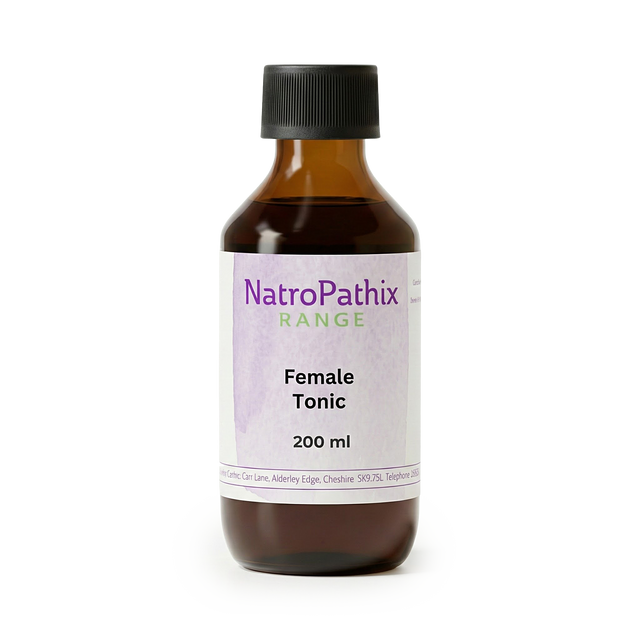 Brown bottle labeled "Female Tonic - 200ml" with a black cap on a white background, formulated to support hormones and regulate periods.