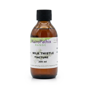 Milk Thistle Tincture in a brown 200 ml bottle from the NatroPathix Range, featuring a black cap—ideal for natural liver detox support.