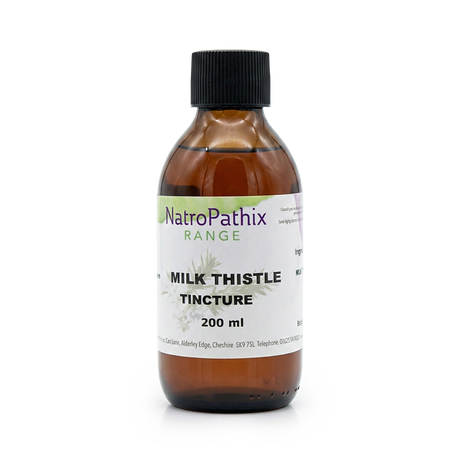 Milk Thistle Tincture in a brown 200 ml bottle from the NatroPathix Range, featuring a black cap—ideal for natural liver detox support.