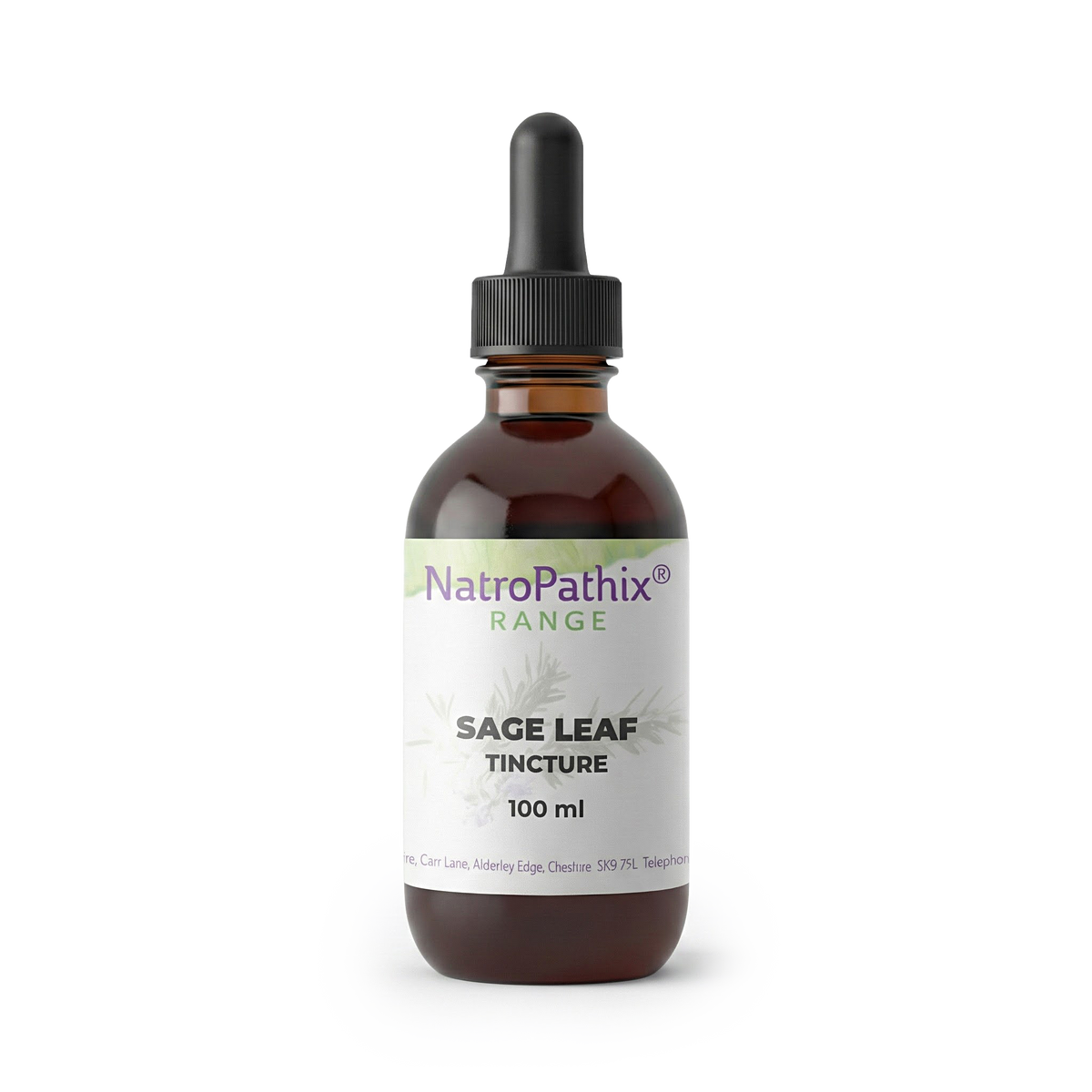 A brown dropper bottle labeled "Sage Tincture - 100 ml" rests on a white background, showcasing a sage tincture recognized for its antioxidant benefits.