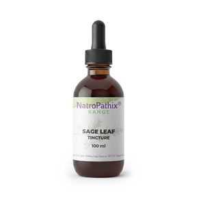 A brown dropper bottle labeled "Sage Tincture - 100 ml" rests on a white background, showcasing a sage tincture recognized for its antioxidant benefits.