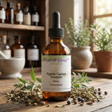 A 100ml brown glass bottle of Agnus Castus tincture, used to support female hormone balance and ease PMS symptoms, rests among herbs and leaves on a wooden table in a rustic kitchen.
