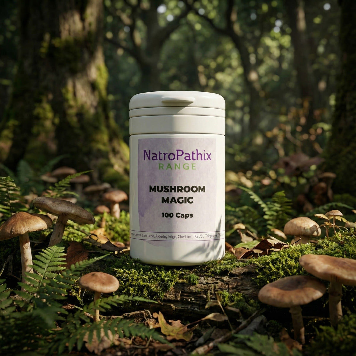 A bottle of Mushroom Magic - 100 Medicinal caps rests among mushrooms and moss in a sunlit forest, suggesting the immune support benefits of medicinal mushrooms.