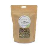 A brown resealable bag labeled "Allergi-Ease Tea - 100gms" displays loose herbal tea inside, made with immune-supporting herbs to provide natural hayfever relief.