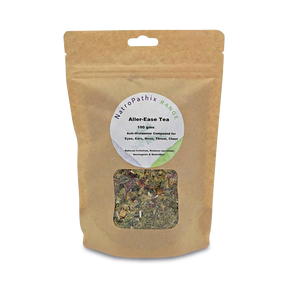 A brown resealable bag labeled "Allergi-Ease Tea - 100gms" displays loose herbal tea inside, made with immune-supporting herbs to provide natural hayfever relief.