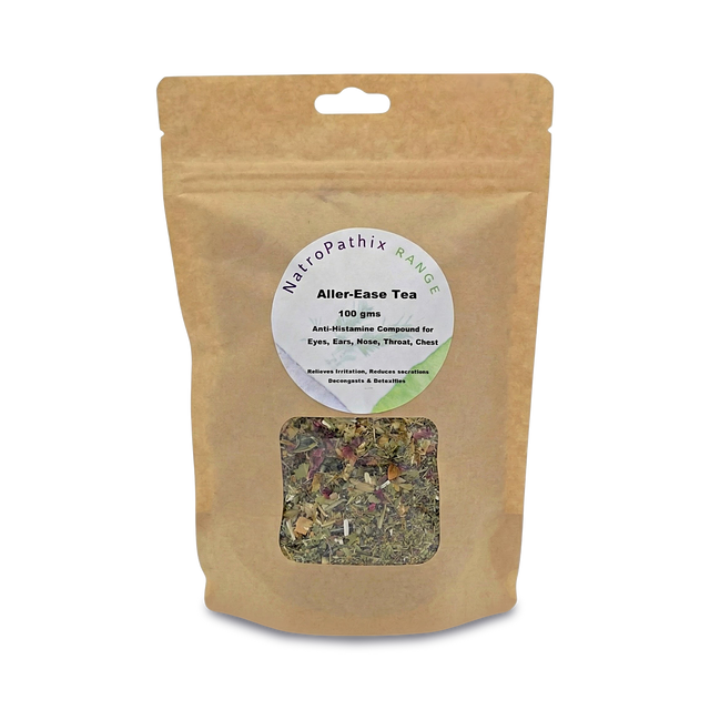 A brown resealable bag labeled "Allergi-Ease Tea - 100gms" displays loose herbal tea inside, made with immune-supporting herbs to provide natural hayfever relief.