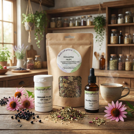 Immunity Combination herbal supplement on a kitchen table with flowers and herbs in a cozy, sunlit room.
