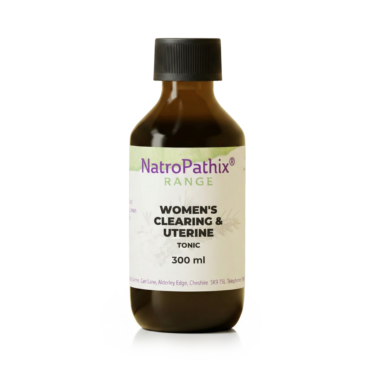 Brown bottle labeled "Women's Clearing & Uterine Tonic - 300ml," a herbal tincture for uterine health support, shown on a white background.