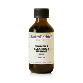 Brown bottle labeled "Women's Clearing & Uterine Tonic - 300ml," a herbal tincture for uterine health support, shown on a white background.