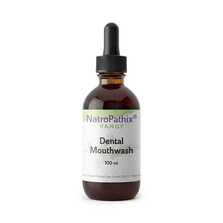 Brown glass bottle labeled "Dental Mouthwash - 100 ml" with a dropper cap on a white background, perfect for natural oral care and those looking for a chemical-free mouthwash alternative.
