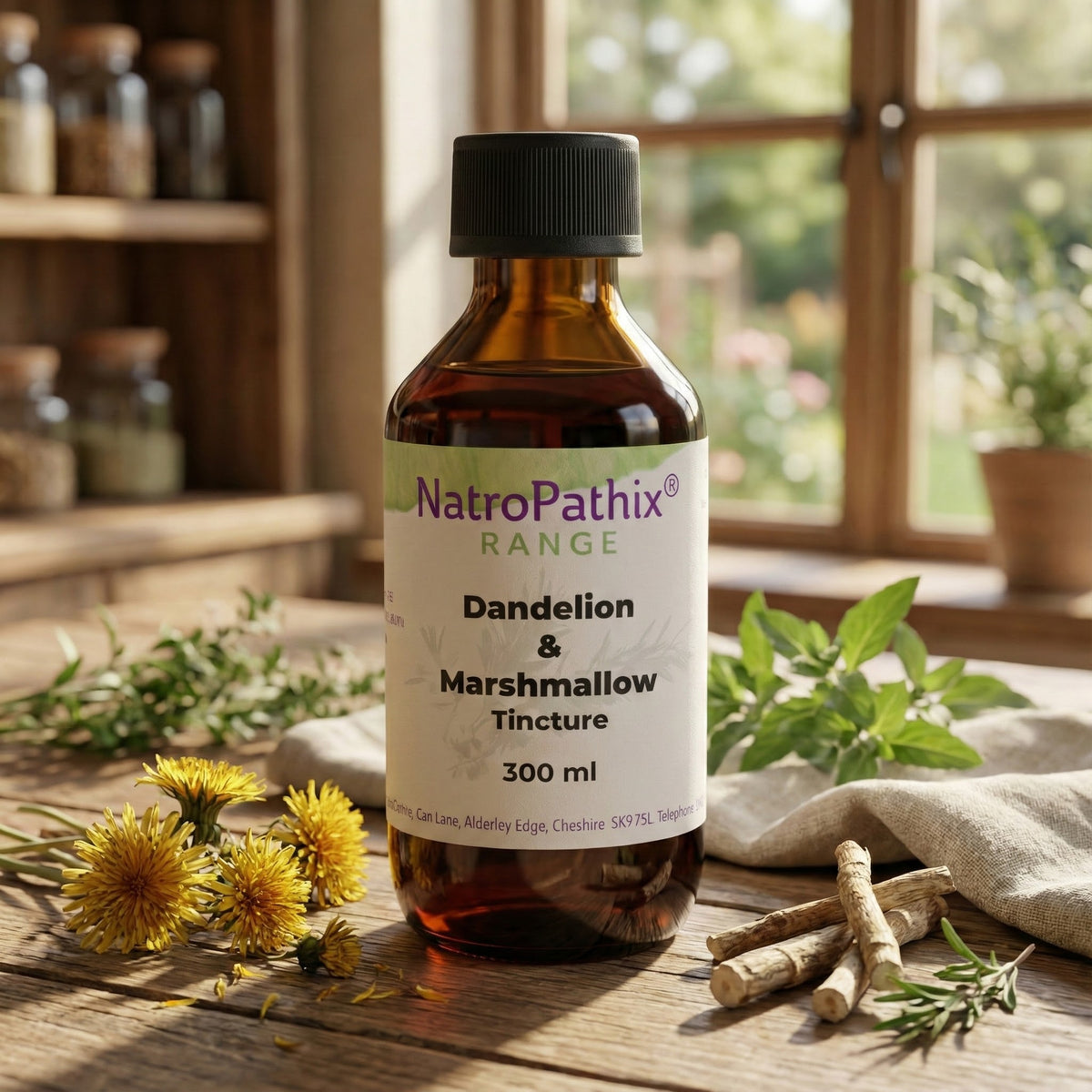 A bottle of Dandelion & Marshmallow Formula - 200/300ml is placed next to dandelions and marshmallow roots, emphasizing its natural kidney support and urinary tract benefits.