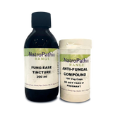Two NatroPathix bottles: Fung-Ease tincture 200ml supports relief from fungal overgrowth, and Anti-Fungal Combination 100 Veg Caps provide convenient anti-fungal capsules.