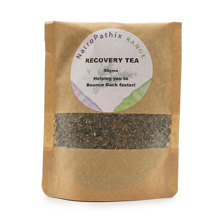 Brown packet labeled "Bounce Back Kit - Get Well Faster!" with herbs visible through a clear window—a soothing immune system booster for your wellness routine.