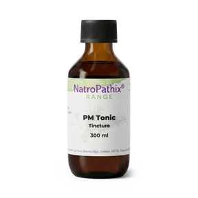 A brown bottle labeled "PMTonic - 200/300ml" with a black cap on a white background, designed to support hormonal balance and menstrual health.