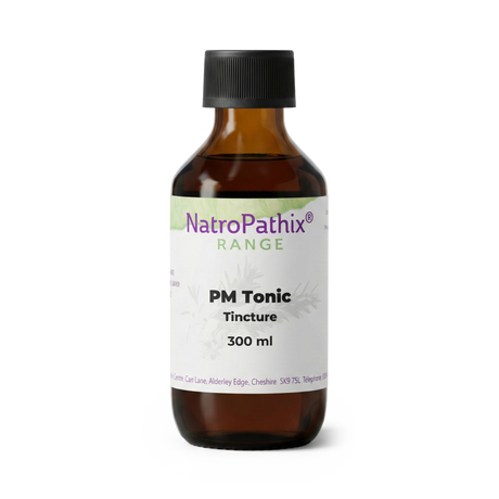 A brown bottle labeled "PMTonic - 200/300ml" with a black cap on a white background, designed to support hormonal balance and menstrual health.